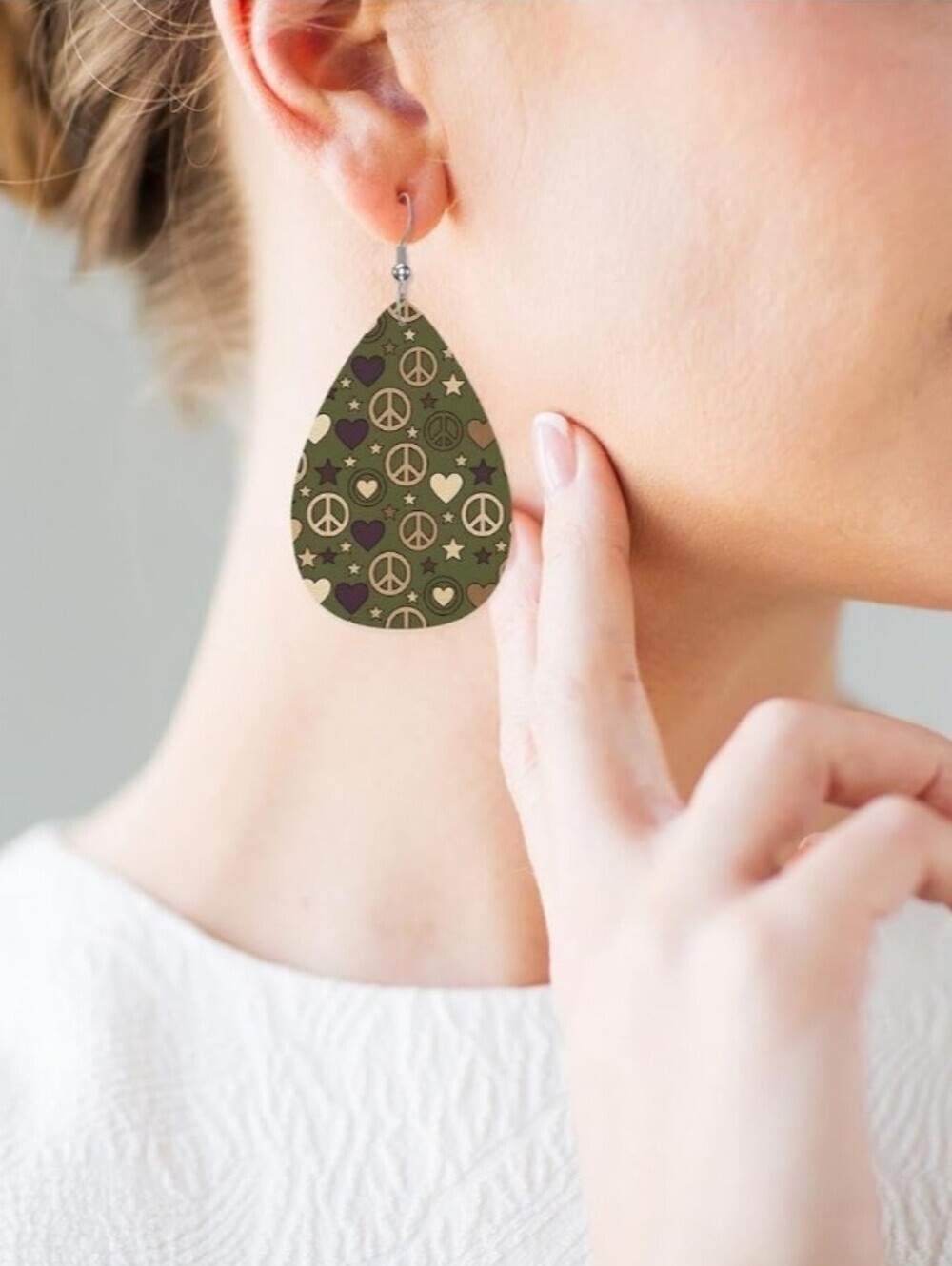 Olive Green Peace Sign Teardrop Earrings - Women's Fashion Jewelry